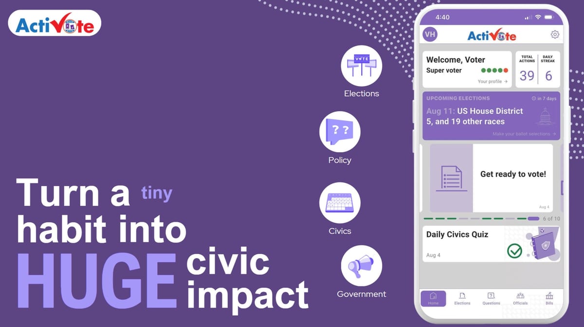 ActiVote on a phone: upcoming elections, a daily civics quiz and a voting streak
