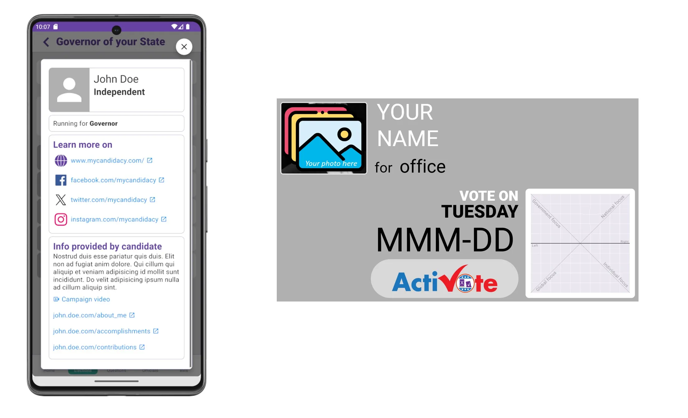 A candidate profile in the app beside a digital lawn sign carrying the candidate's name, office and election date