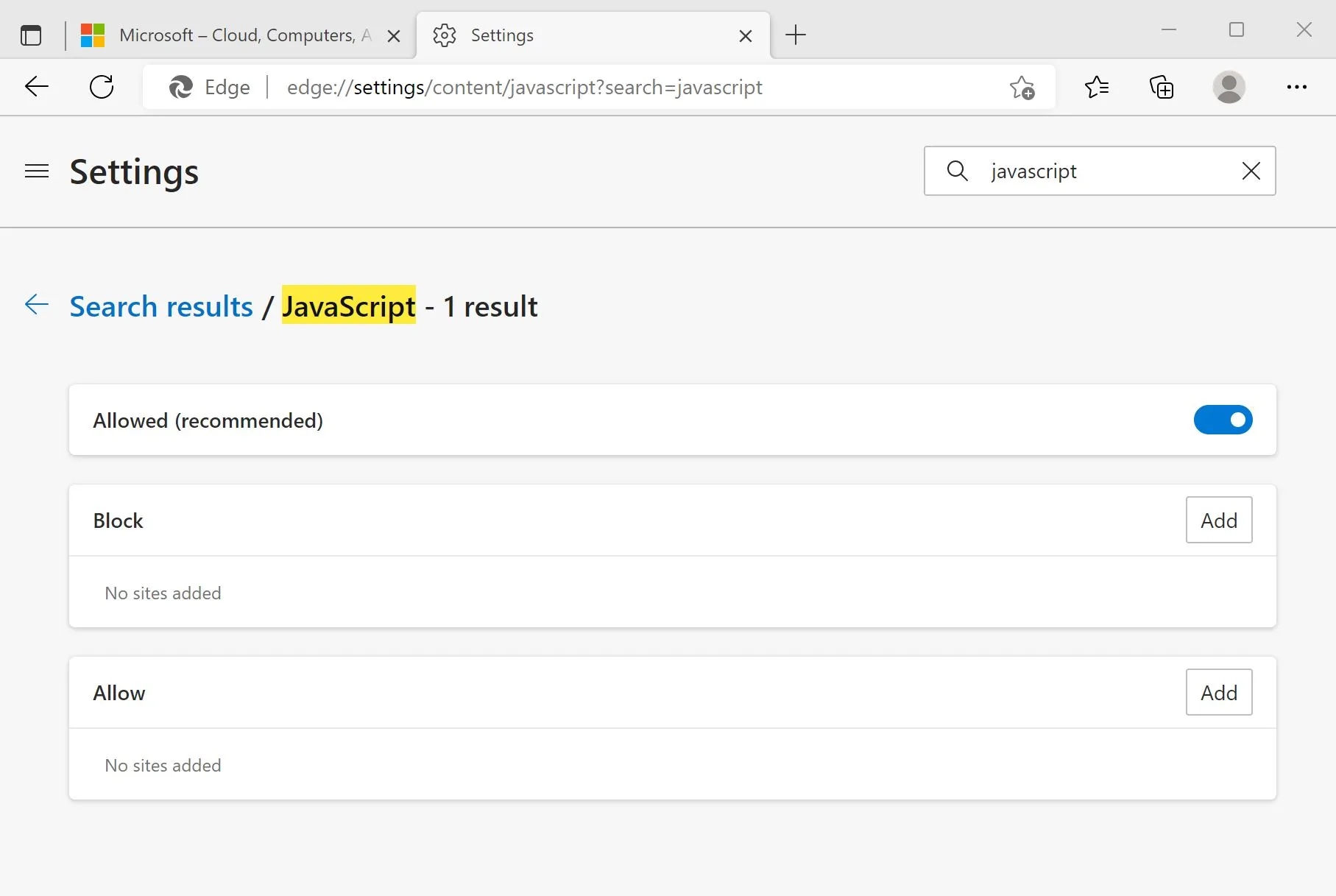 Edge JavaScript setting, allowed
