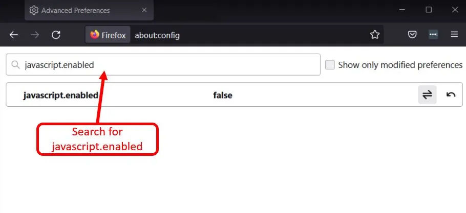 Searching Firefox config for javascript.enabled