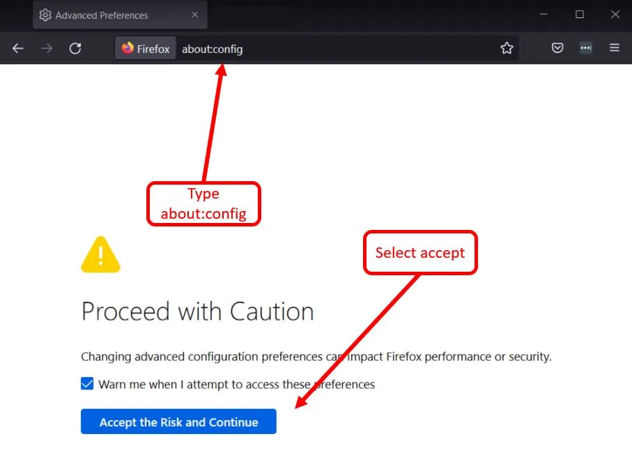 The Firefox about:config warning screen