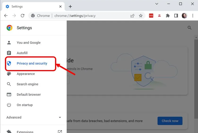 Chrome settings, showing Privacy and Security
