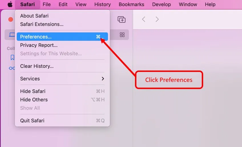 The Safari menu, with Preferences highlighted