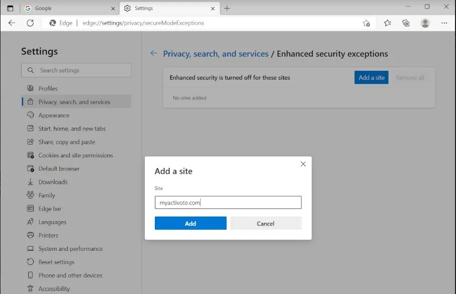 Adding myactivote.com as an Edge security exception
