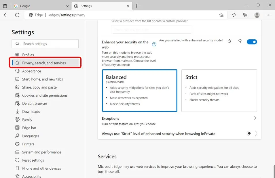 The Edge security section, showing Balanced and Strict