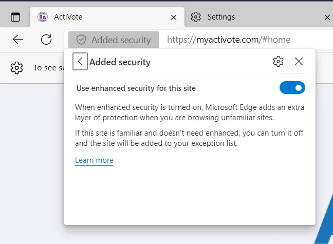 The enhanced security switch for this site, turned on