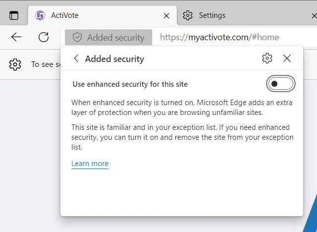 The enhanced security switch for this site, turned off