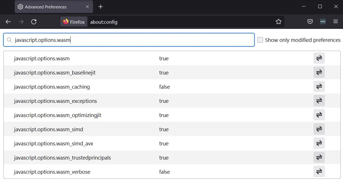 Searching Firefox config for wasm